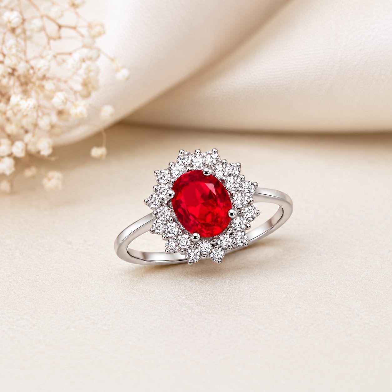 925 Sterling Silver Oval Ruby Red Halo Ring for Women | CZ Diamond Cluster Engagement Ring (Design 1)